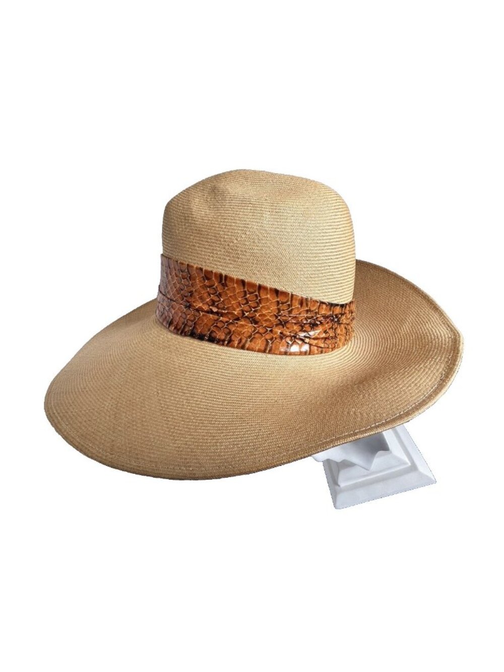 Straw Hat FRANK OLIVE Private Collection Fedora Tan Faux Snake 1960s Vintage